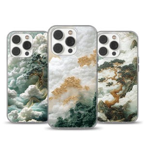Aziatisch landschap telefoonhoesje stijl snijwerk hoes past op iPhone 12 Pro, iPhone 16+, Samsung S24, A53, S21, S23 Ultra, Google pixel 9, 6A
