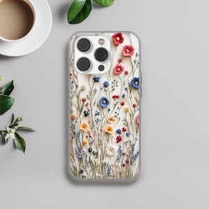 Coque de portable fleurs sauvages coquelicot brodée pour iPhone 16e, 14, 13, 12, 11, SE, Samsung S25, A15, S21, S23 Ultra