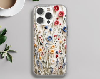 Wildflowers Poppy Phone Case Embroidered Style cover for iPhone 16e, 14, 13, 12, 11, SE, Samsung S25, A15, S21, S23 Ultra