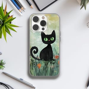 緑の目が付いた黒猫の携帯電話ケースカバーは、iPhone 16 Pro、iPhone 14、Samsung S25、A53、S21、S23 Ultra、Google Pixel 9 Proに適合します。