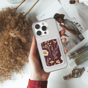 Porte-cartes floral magnétique encreur Wildflower Bordeaux Magsafe Wallet pour iPhone 16, iPhone 14, iPhone 13 Pro, iPhone 12 Mag Safe