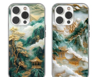 Jade Style Phone Case: Mountain Temple Design