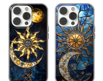 Funda para teléfono con vitral celestial, diseño de sol y luna