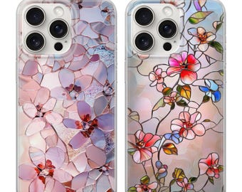 Moasic Flowers Phone Case Stained Glass cover fits iPhone 12 Pro, iPhone 16 Plus, Samsung S24, A53, S21, S23 Ultra, Google pixel 9,  6A