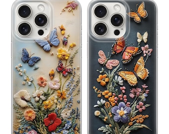 Vintage Butterfly Phone Case Embroidered  cover fits iPhone 12 Pro, iPhone 16 Plus, Samsung S24, A53, S21, S23 Ultra, Google pixel 9,  6A