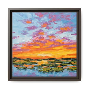 Impression d&#39;art paysage coucher de soleil - impression de peinture à l&#39;huile des marais - toile encadrée - impression d&#39;affiche, impressions d&#39;art contemporain - cadeau décoration d&#39;intérieur