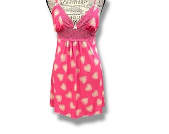 Vintage Y2K Betsey Johnson Size L Babydoll Mini Dress Pink Hearts Lace 90s