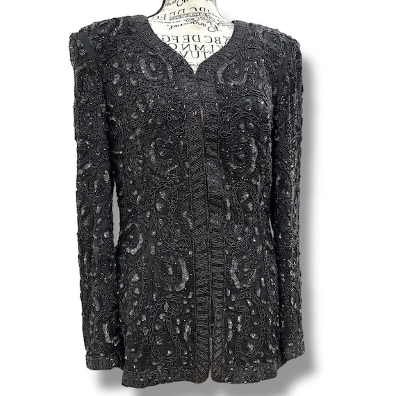Vintage Veste de soirée noire à motif cachemire et perles 100