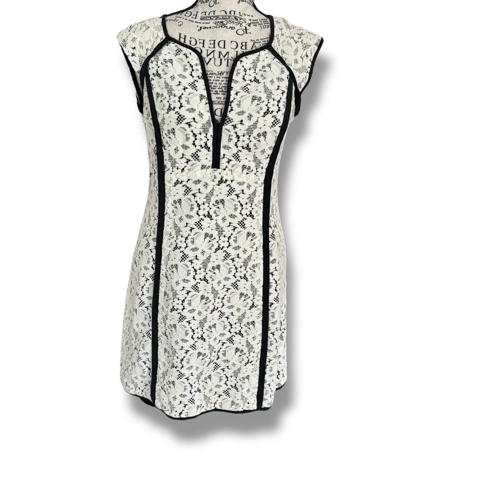 Vintage 90s Nanette Lepore Black White Lace Pencil Mini Dress Size 6 USA