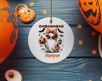 Personalized Halloween Ghost Ornament, Cute Spooky Decoration, Custom Gift, Pumpkin Bat Design, Fun Halloween Decor