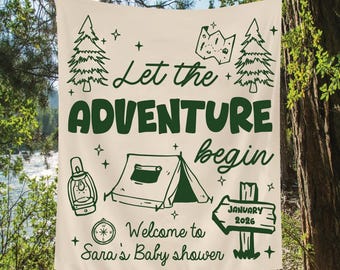 Tapiz "Que comience la aventura", pancarta para baby shower de camping, pancarta personalizada para baby shower, fondo para fiesta al aire libre, fondo para baby shower