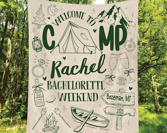Benutzerdefinierte Camp Bachelorette Wandteppich, personalisiertes Camping Banner, Bachelorette Wochenende Kulisse, Lake Bach Camp Kulisse, Camping Bachelorette