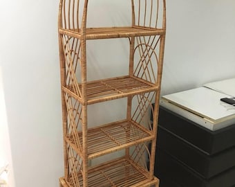 Handmade Wicker Rattan Shelf – 5-Tier Standing Etagere | Boho Brown Storage Unit | Rustic Eco Home Decor