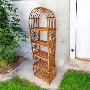 Handmade Rattan Wicker Bookshelf – Boho Etagere Plant Shelf, Standing Storage Unit, Brown Bookcase