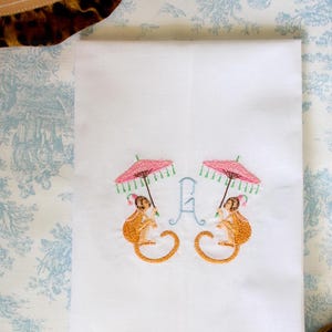 Monogrammed Linen Tea Towel | Monkey Parasol | Chinoiserie Gifts | Hostess Gifts | Gifts for Her