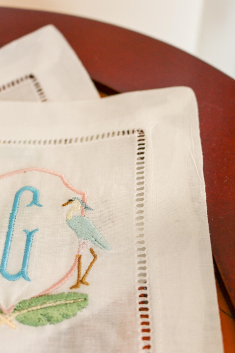 Heron Embroidered Hemstitch Cocktail Napkins - Thumbnail 3