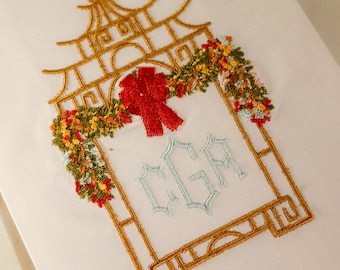 Urlaub Schleifenpagode besticktes Leinenhandtuch | Housewarming Geschenke | Weihnachts-Chinoiserie