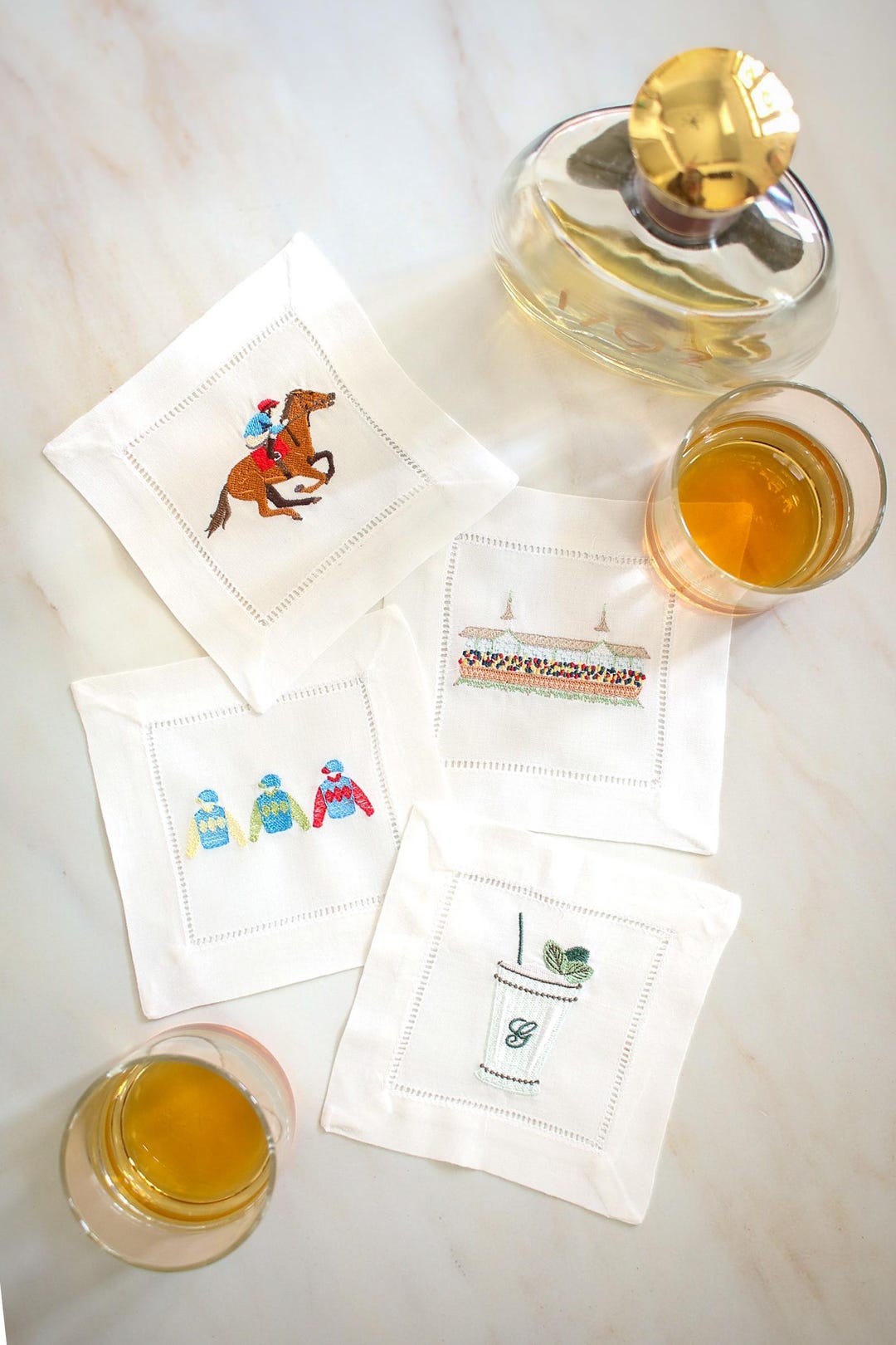Kentucky Derby Linen Cocktail Napkins: Set of 4 Embroidered Cocktail Napkins