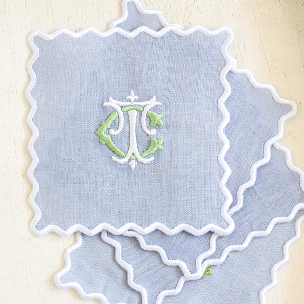 Scalloped Linen Cocktail Napkins - Set of 4 | Custom Embroidered Monogram | Grandmillenial Home | Wedding & Hostess Gift