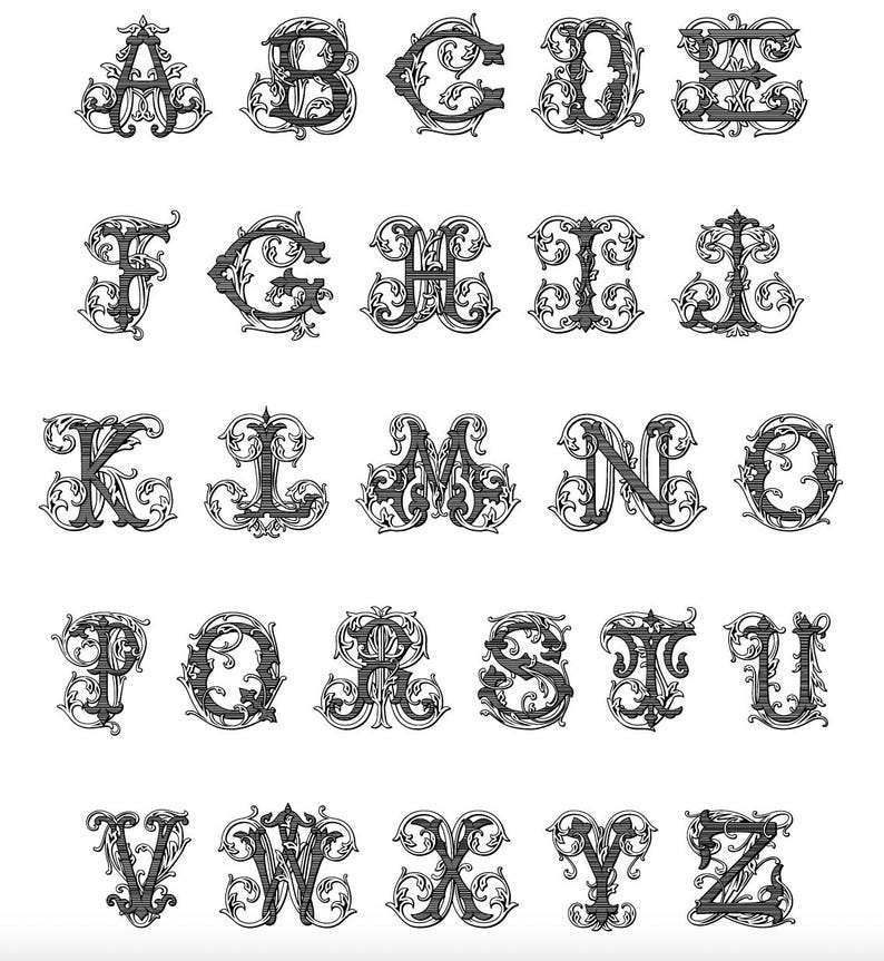 K&ouml;nnte beinhalten: Eine Schwarzwei&szlig;illustration des Alphabets in einer dekorativen, verzierten Schriftart. Jeder Buchstabe ist von komplizierten Schn&ouml;rkeln und Wirbeln umgeben.