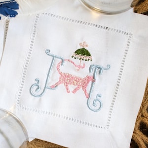 チーター刺繍入りヘムステッチカクテルナプキン - 4枚セット | バーカートデコレーション | 新築祝いギフト