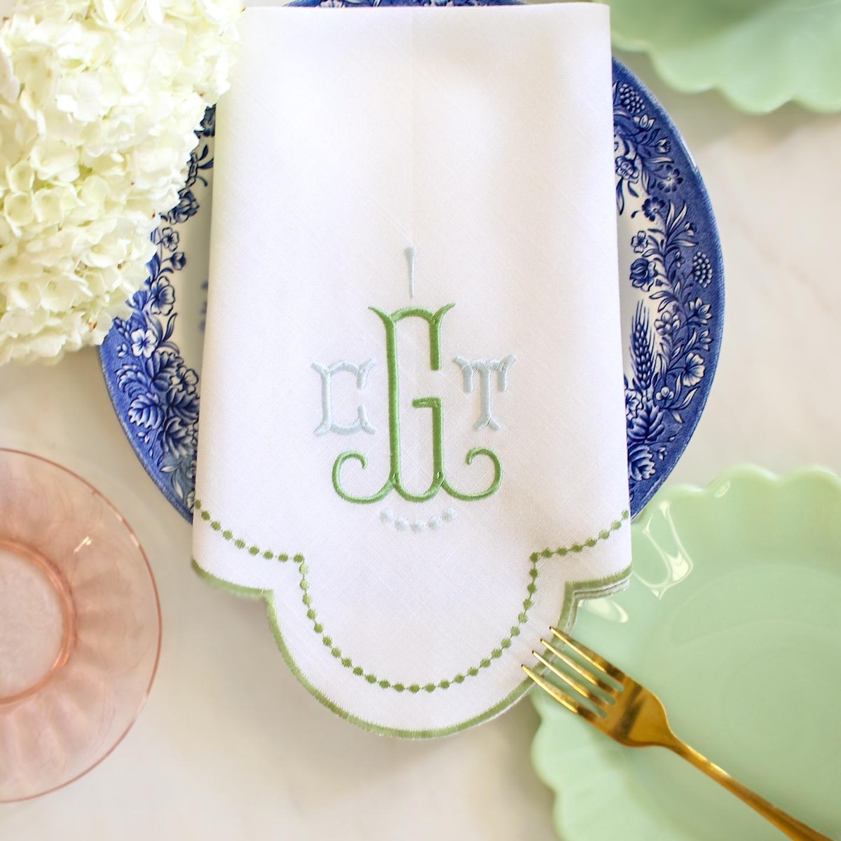 Embroidered Scalloped Dinner Napkin | Grandmillenial Home | Hostess Gifts | Housewarming Gifts | Tablescape Decoration - Etsy