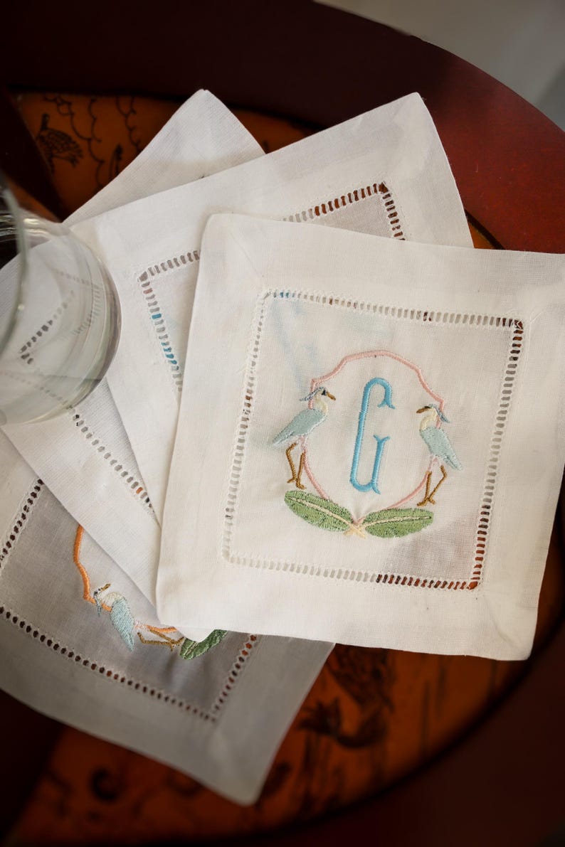 Heron Embroidered Hemstitch Cocktail Napkins