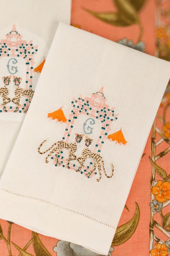 Chinoiserie Guest Bathroom Hand Towel | Pagoda Monogram Embroidered Towel | Personalized Hostess Gift