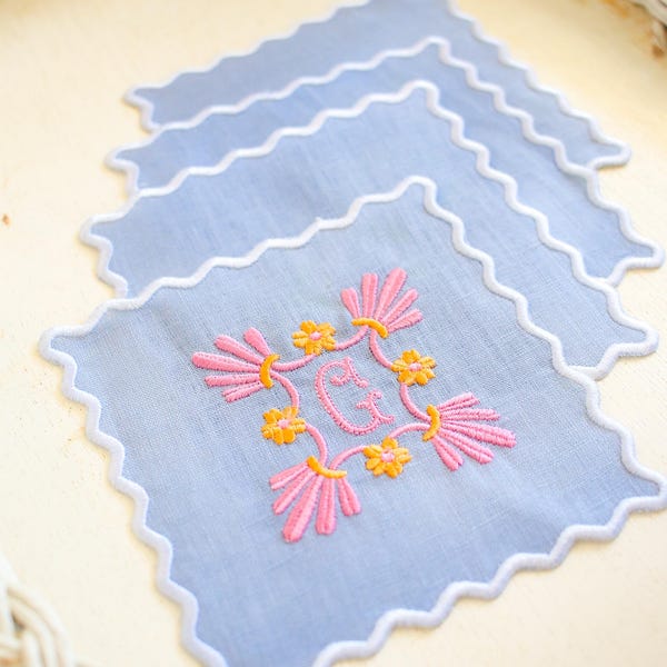 Personalized Linen Cocktail Napkins – Set of 4 | Scalloped Edge | Custom Floral Monogram | Hostess Gifts | Grandmillenial Home