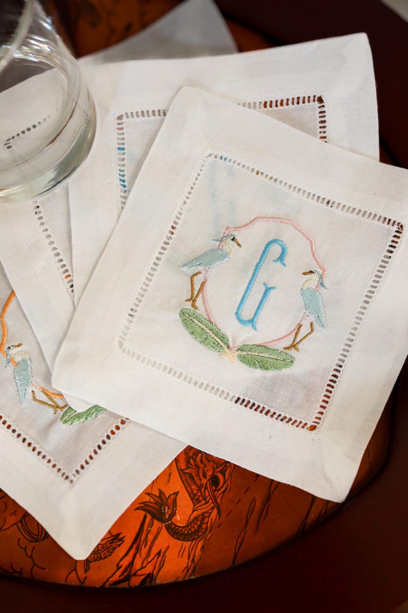 Heron Embroidered Hemstitch Cocktail Napkins - Thumbnail 2