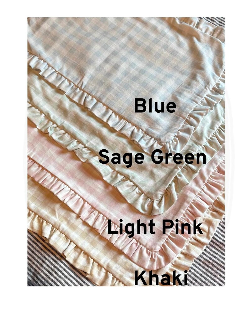 May include: Four fabric items with a gingham pattern and a ruffled edge, in blue, sage green, light pink, and khaki. Each item is labelled with its colour name in black text.