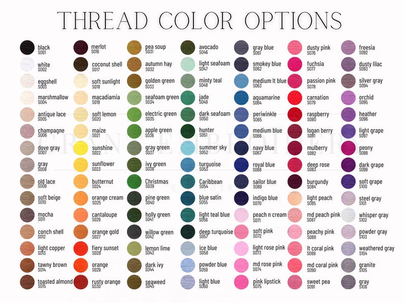 May include: A colour chart labelled "THREAD COLOUR OPTIONS" presents a wide selection of thread colours. Each colour is named and numbered, including shades of black, white, and various pastels.