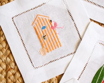 Servilletas de cóctel bordadas con diseño de cabaña de playa / Regalos para anfitrionas / Regalos de estilo chino / Regalos para ella / Regalos de inauguración de la casa