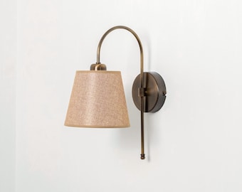 Bedside Wall Sconce with Linen Lampshade, Mid-Century Modern Wall Lamp, Aged Brass Tail Sconce, Vintage Wall Light, Home Decor Wall Sconce