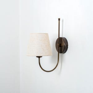 Linen Lampshade Wall Sconce, Aged Brass Wall Light Fixture, Rustic Home Decor Wall Lamp, Bedside Sconce, Vintage Wall Lamp with Curved Arm