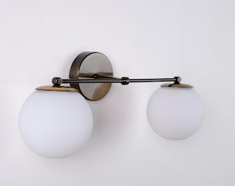 Modern Farmhouse Wall Lighting, Vanity Wall Sconce, Double Glass Wall Sconce, Minimalist Wall Lamp, Aged Brass Sconce, Glass Wall Lighting