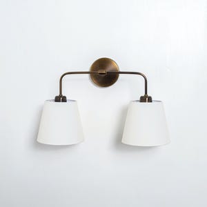 Vintage Wall Lighting Fixture with Linen Shade, Double Light Sconce, Mid-Century Modern Wall Lamp, Farmhouse Sconce, Aged Brass Wall Sconce