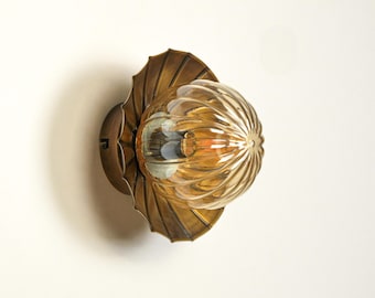 Art Deco Wall Sconce, Amber Glass Globe Wall Light, Living Room Accent Wall Lamp, Vintage Ribbed Glass Sconce, Modern Vanity Wall Lighting