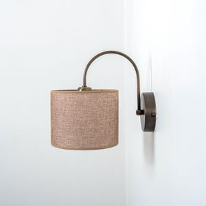 Bedside Wall Lamp with Linen Shade, Mid Century Modern Sconce, Retro Shade Wall Lamp, Aged Brass Sconce, Rustic Farmhouse Wall Light Fixture