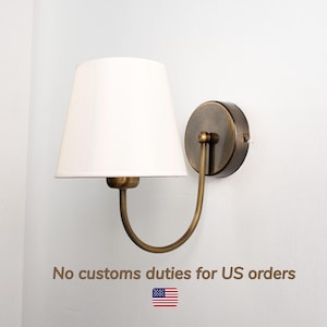 Aged Brass Wall Sconce with Fabric Lampshade, Vintage Home Decor Wall Lamp, Minimalist Bedside Wall Lighting, Curved Arm Modern Wall Sconce