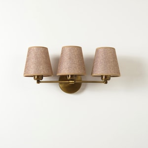 Mid-Century Modern Lampshade Wall Sconce, Vintage Vanity Wall Lighting, 3-Light Sconce with Linen Shade, Farmhouse Bedroom Lighting Fixture