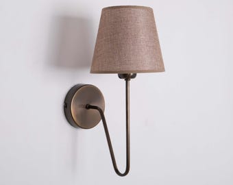 Vintage Wall Lamp, Minimalist Farmhouse Sconce, Bedroom Wall Lighting with Linen Shade, Modern Wall Sconce, Aged Brass Home Decor Wall Lamp