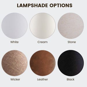 May include: Image showcasing six lampshade options. The options include white, cream, stone, wicker, leather, and black. The text "LAMPSHADE OPTIONS" is at the top of the image. Each lampshade option is a circle.