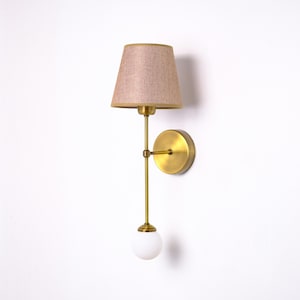 Modern Brass Wall Sconce, Linear Wall Lighting, Glass Globe Sconce, Linen Lampshade Sconce, Vanity Wall Light Fixture, Unique Wall Sconce