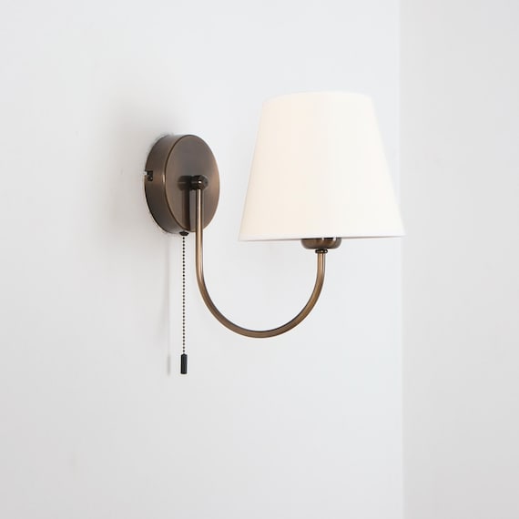 Modern Bedroom Wall Sconce, Aged Brass Wall Light Fixture, Fabric Lampshade Sconce, Vintage Home Decor Sconce, Farmhouse Bedside Wall Lamp