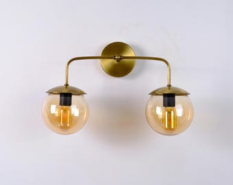 Vintage Brass Double Globe Wall Sconce, Vanity Lighting