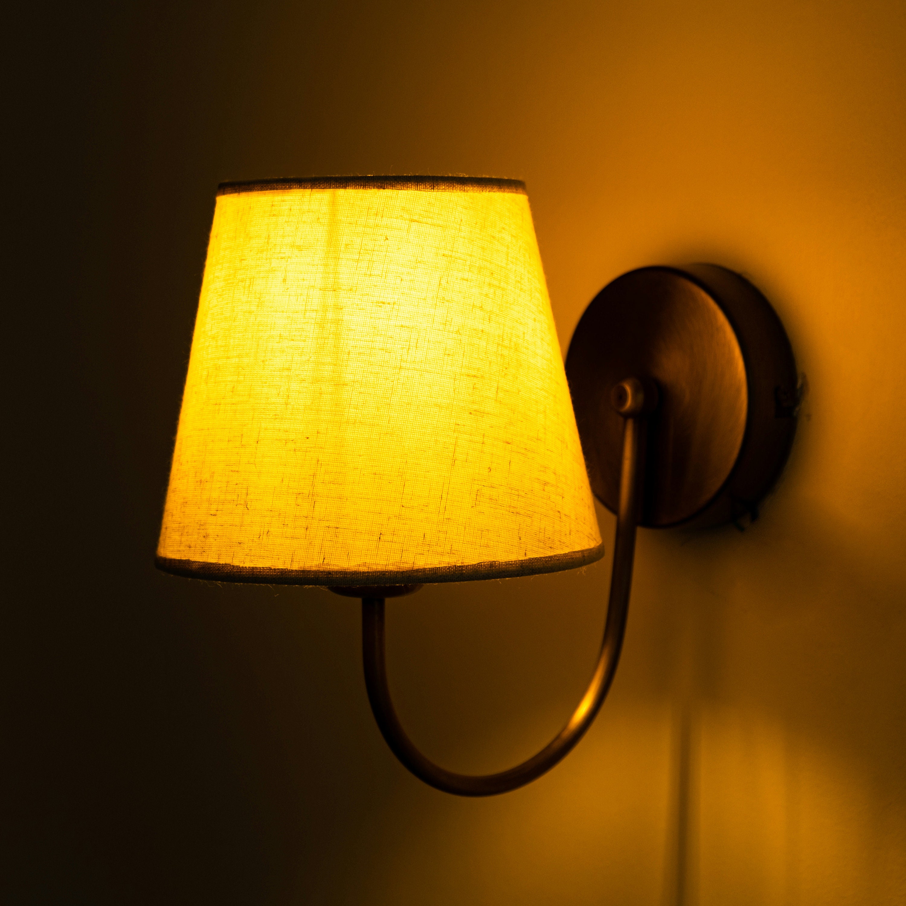 Curved Arm Minimalist Wall Lamp, Small Linen Lampshade Wall Sconce ...