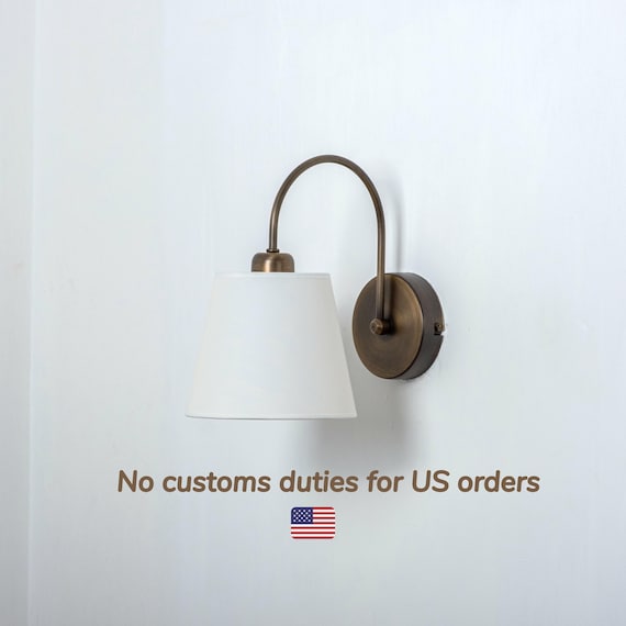 Mid-Century Bedside Wall Sconce, Vintage Wall Lamp with Linen Shade, Aged Brass Wall Sconce, Living Room Decor Wall Light, Small Wall Sconce
