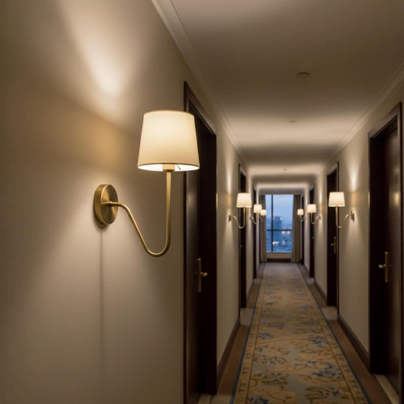 May include: A hallway with several wall-mounted lamps. Each lamp has a gold-colored, curved arm and a cream-colored lampshade. The hallway has dark brown doors and a patterned rug.