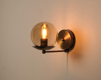 Amber Glass Globe Wall Sconce, Warm Ambient Wall Light, Mid Century Bedside Lamp, Elegant Hallway and Living Room Lighting
